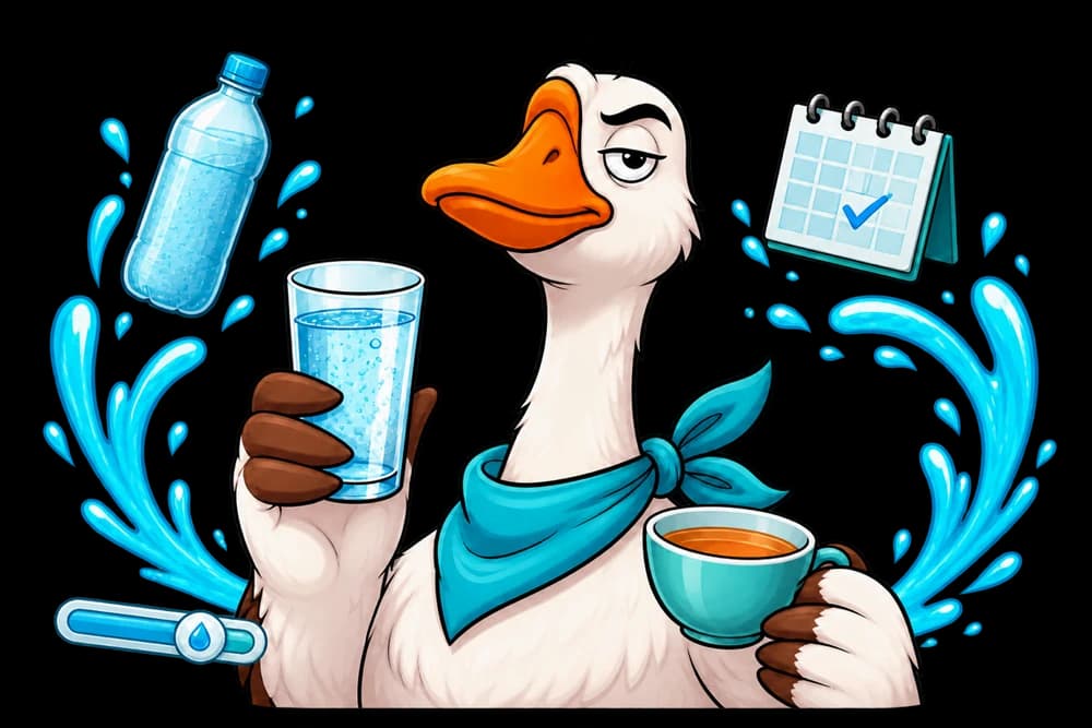 Water Goose with a bottle, glass, calendar, and hydration progress